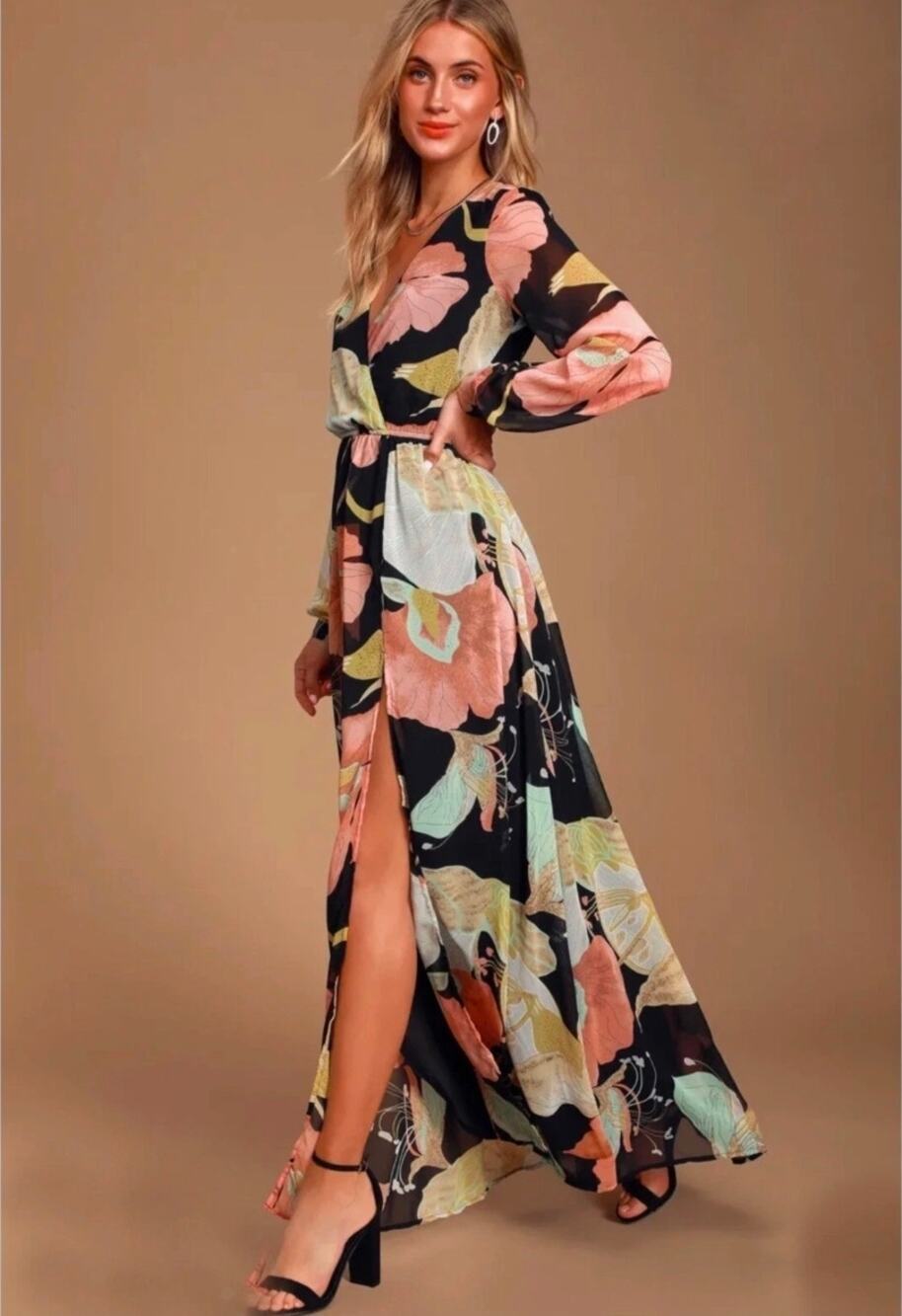 Floral maxi Lulus Wondrous Water Lilies Black floral print dress Size XS Fairy